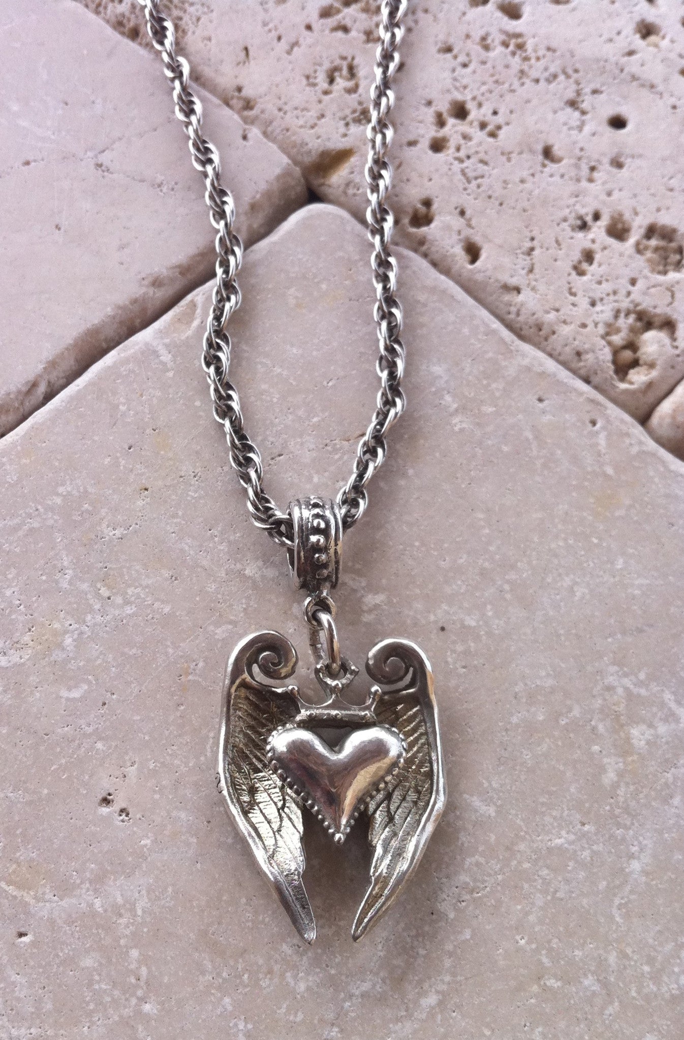 Sterling Silver Crowned Heart with Angel Wings Necklace