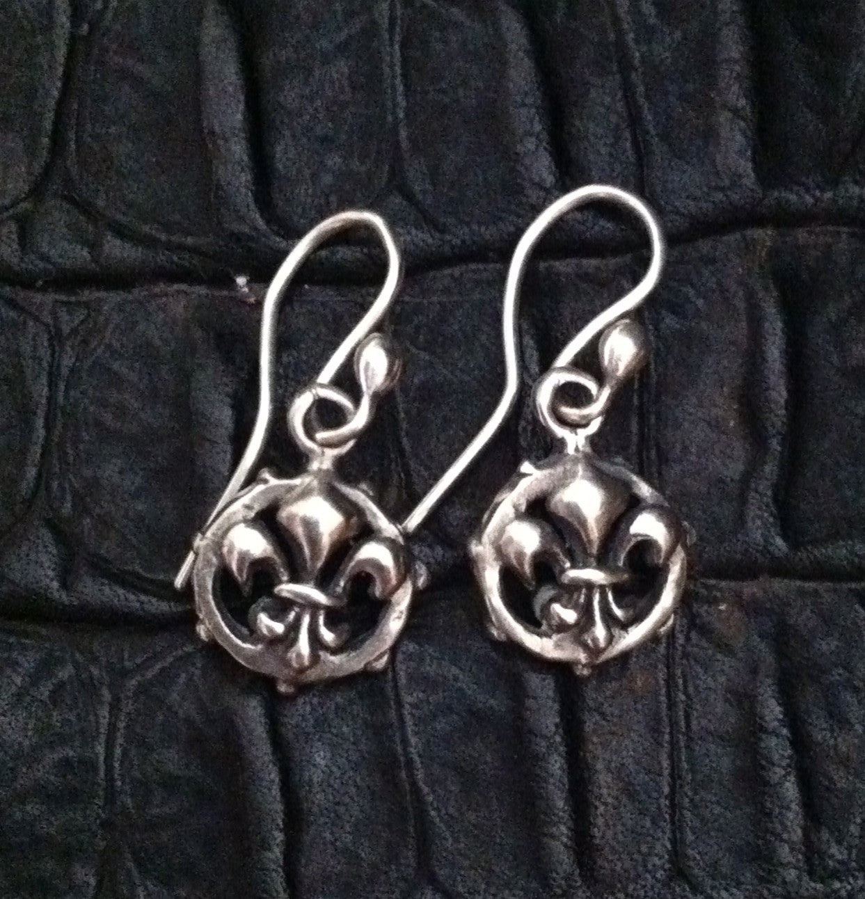Sterling Silver Round Fleur De Lis Hook Earrings