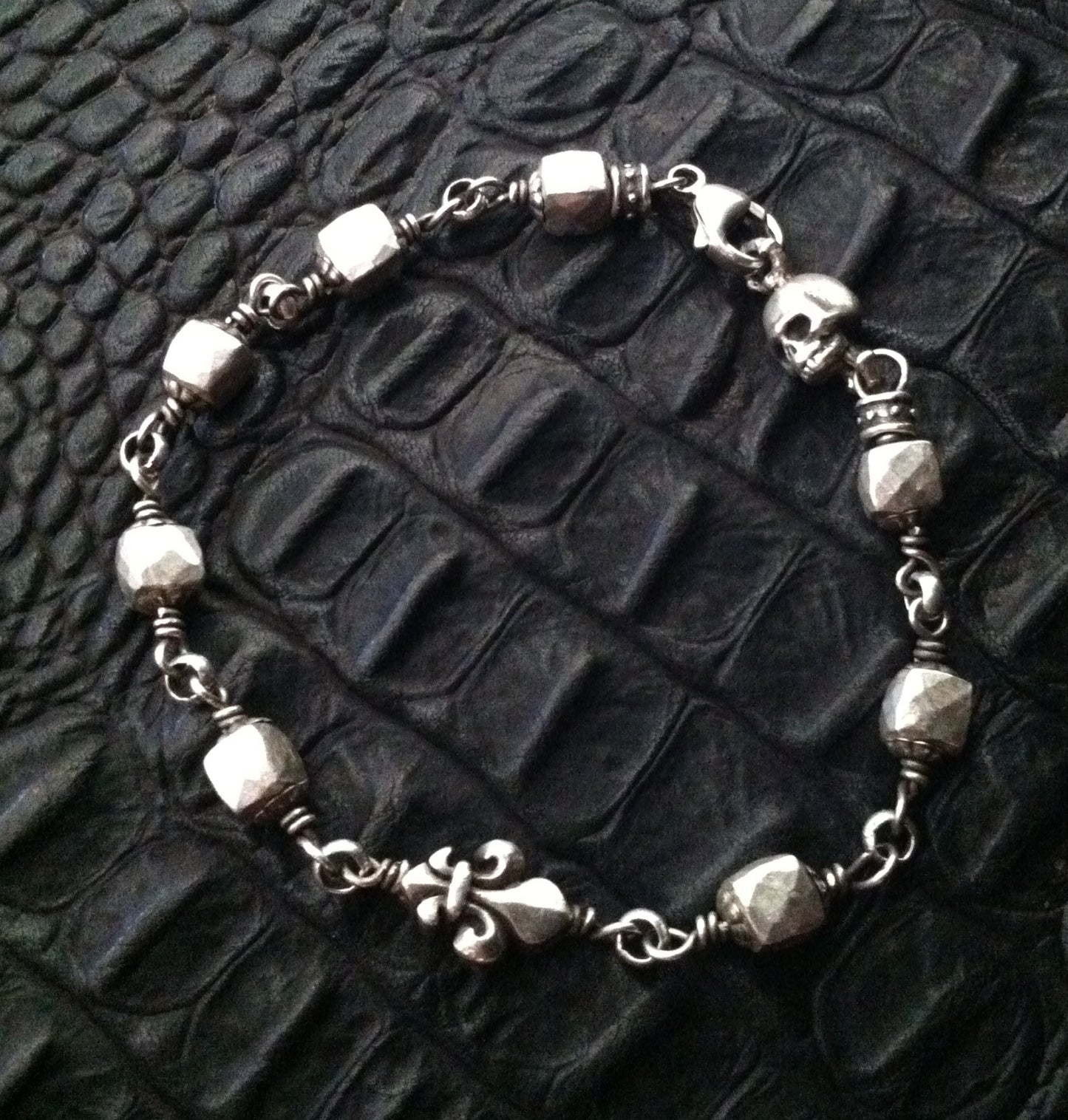 Sterling Silver Skull & Fleur De Lis with Solid Silver Faceted Beads Bracelet