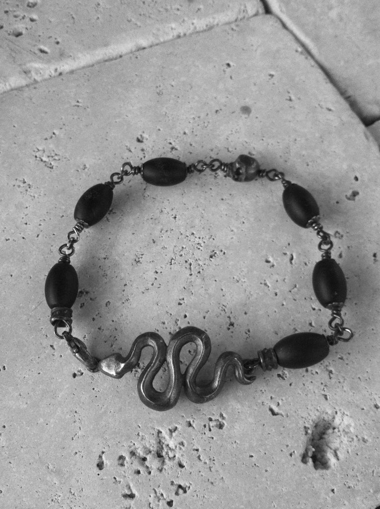 Sterling Silver Dark Antiqued Serpent & Skull Bracelet with Oval Onyx Beads