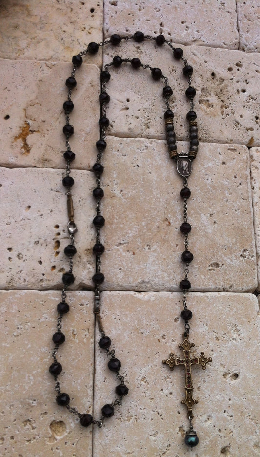 Sterling Silver Rosary Style Garnet Beads Necklace with Bronze Cross & Black Pearl Drop