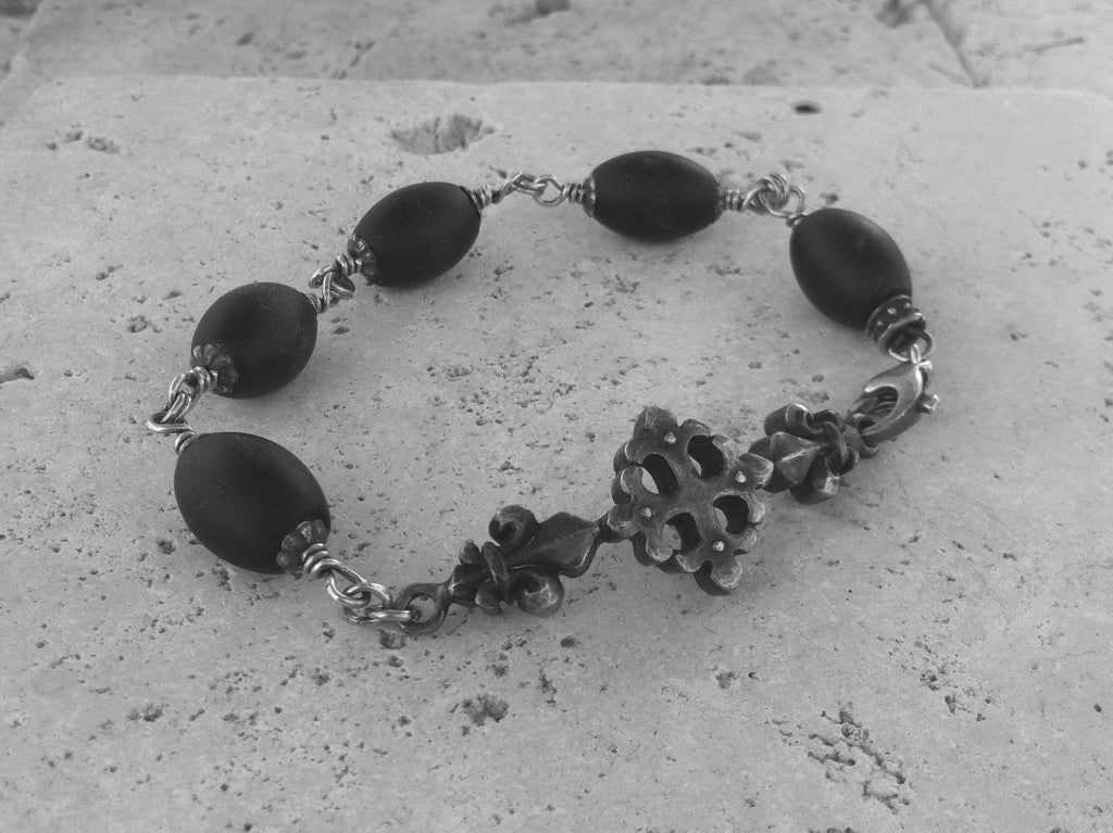 Sterling Sliver Cross Fleur De Lis Bracelet with Oval Onyx Beads