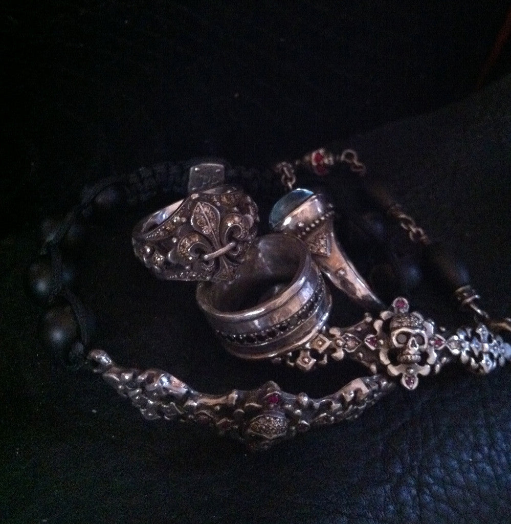 Sterling Silver Skull Bar Diamond & Ruby Pave Bracelet with Onxy beads