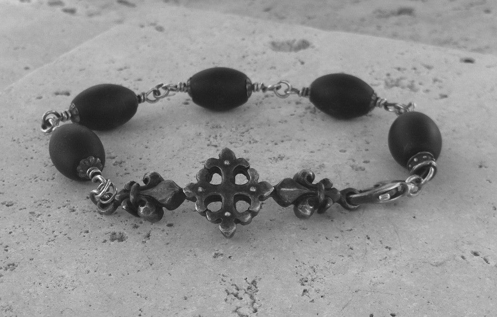 Sterling Sliver Cross Fleur De Lis Bracelet with Oval Onyx Beads