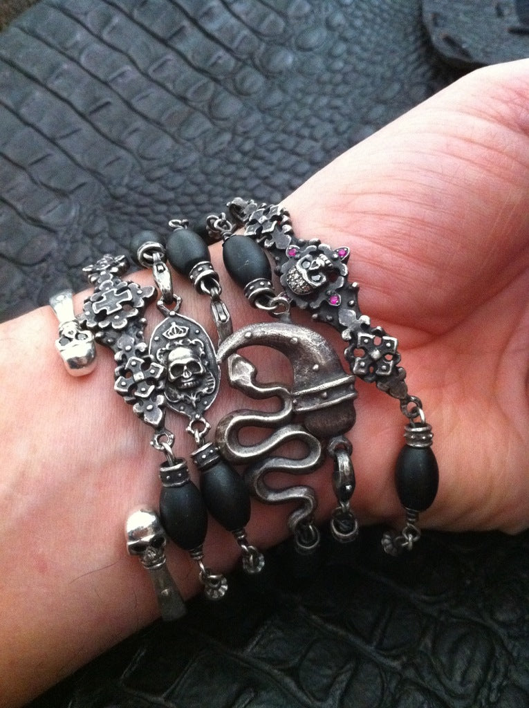 Sterling Silver Dark Antiqued Serpent & Skull Bracelet with Oval Onyx Beads