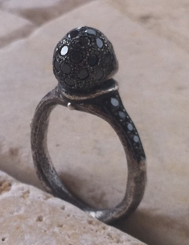 Sterling Skull Ring Black Diamond Pave