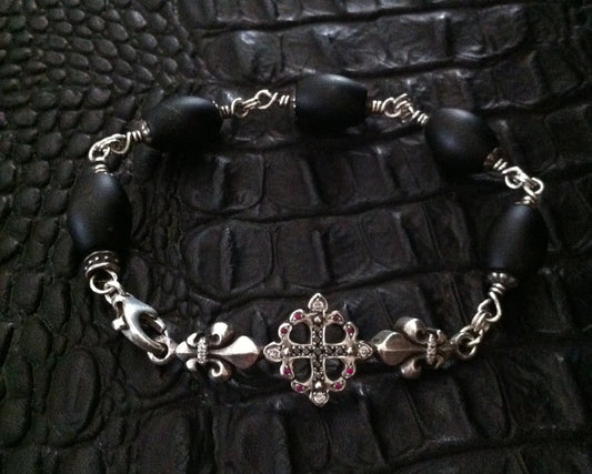 Sterling Silver Cross Fleur De Lis Diamond & Ruby Pave Bracelet with Oval Onyx Beads