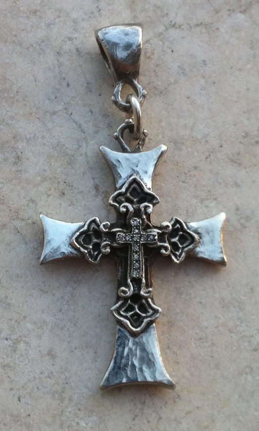 Sterling Silver Layered Cross with White Micro Diamond Pave Pendant