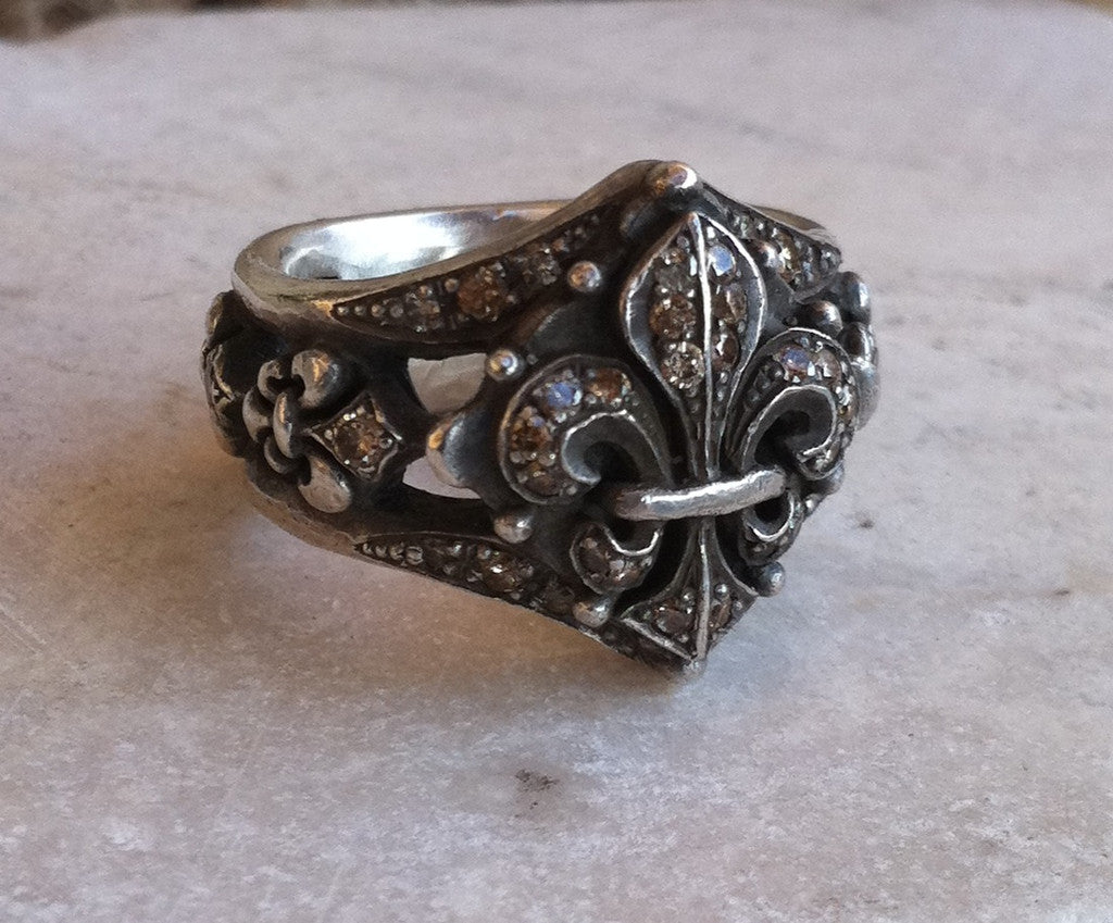 Sterling Silver Fleur De Lis Diamond Ring by Roman Paul