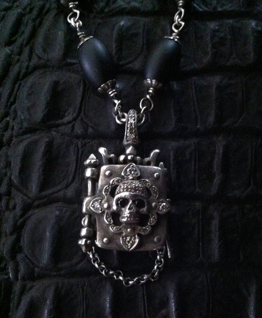 Sterling Silver Skull Diamond Pave Locket with Oval Onyx Beads