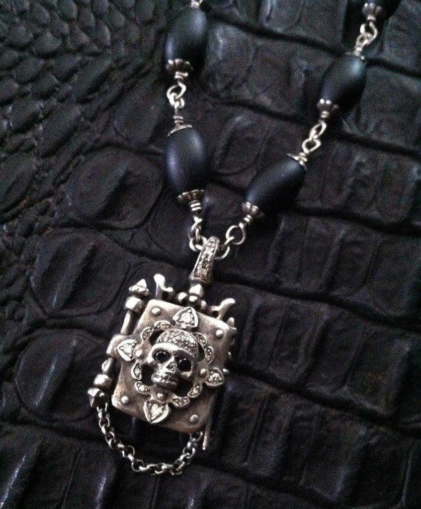 Sterling Silver Skull Diamond Pave Locket with Oval Onyx Beads