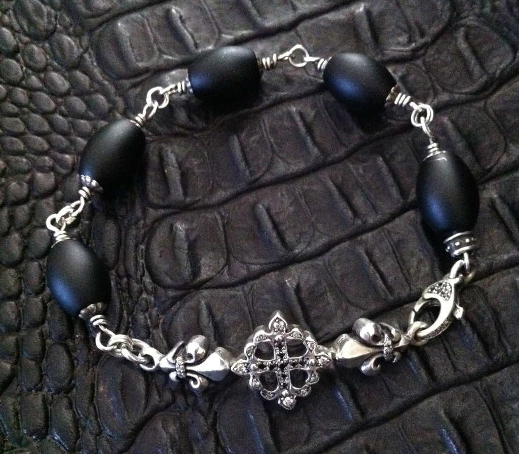 Sterling Silver Cross Fleur De Lis Bar Bacelet Diamond Pave with Oval Onyx beads