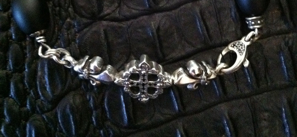 Sterling Silver Cross Fleur De Lis Bar Bacelet Diamond Pave with Oval Onyx beads