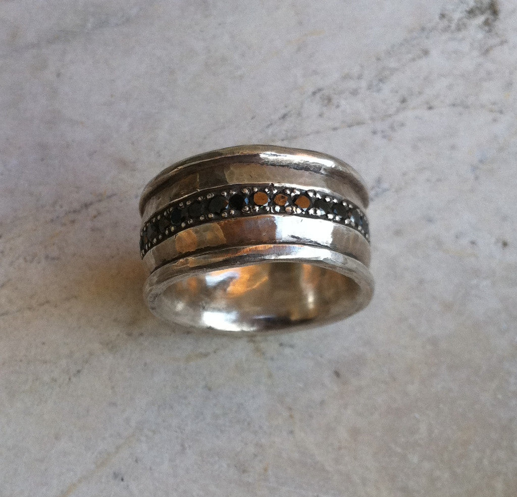Sterling Silver Men's Wedding Eternity Black Diamond Pave Ring
