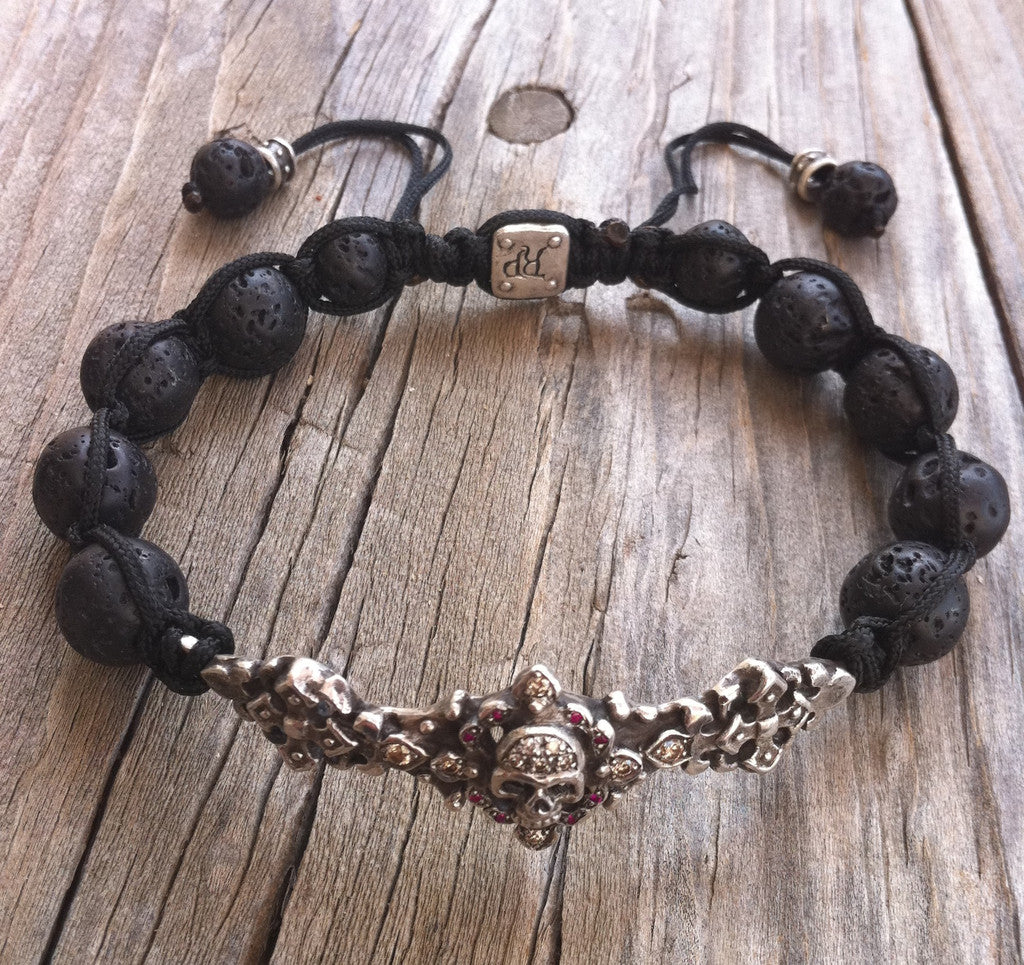 Sterling Silver Skull Bar Bracelet Diamond & Ruby Pave with Lava Beads