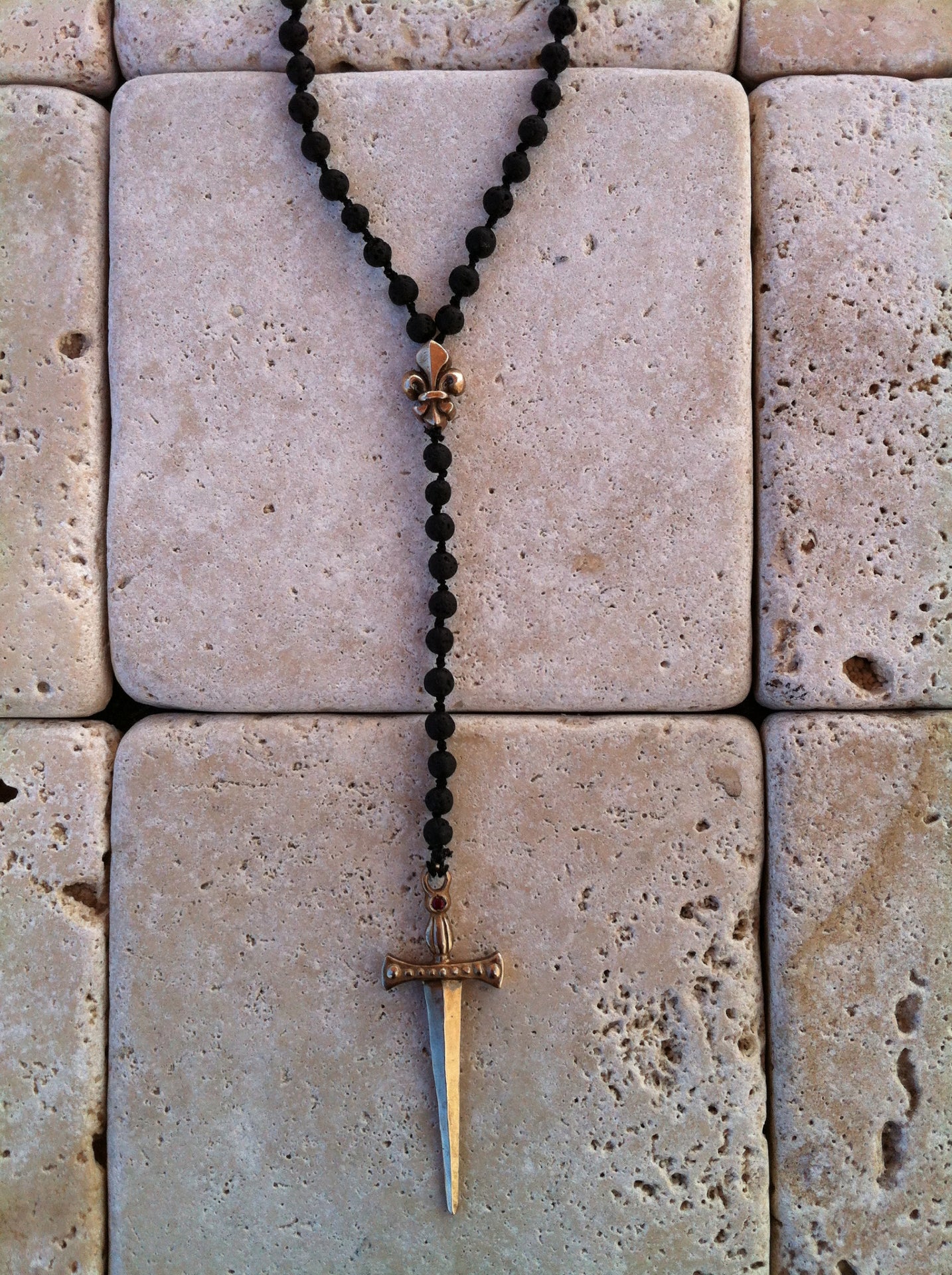Necklace - Bronze Sword Fleur De Lis Onyx Beads