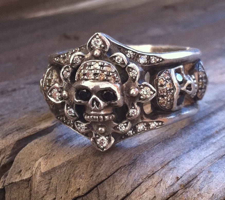 Sterling Silver Five Skull Diamond Pave with Internal Ruby Ring