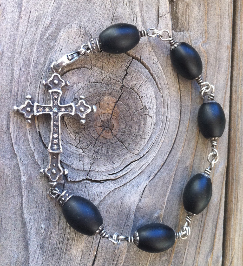 Sterling Silver Cross with Diamond Pave & Onyx Beads