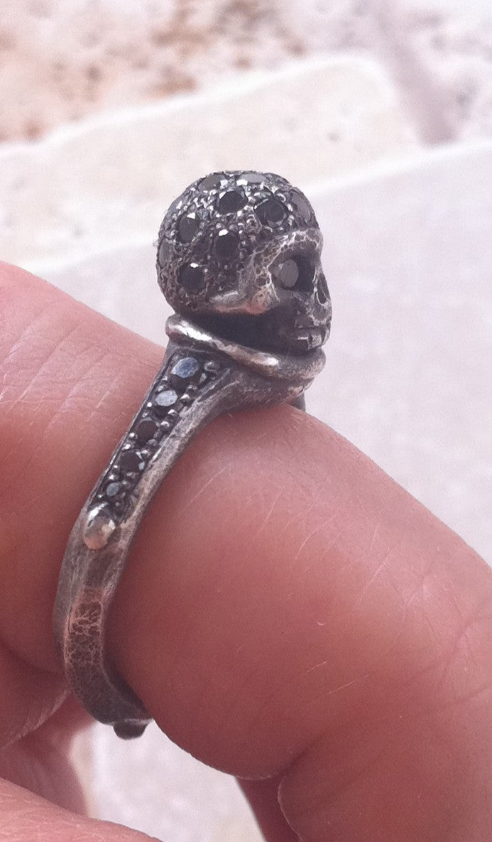 Silver Skull Ring with Black Diamond Pave by Roman Paul