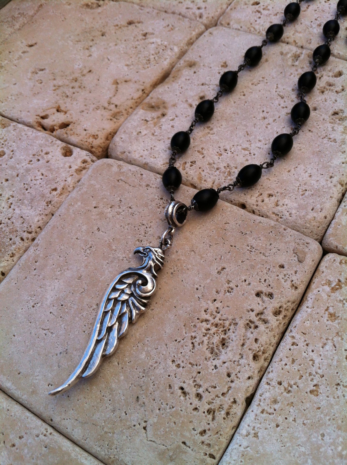 Sterling Silver Eagle Head Wing Necklace with Oval Onyx Beads