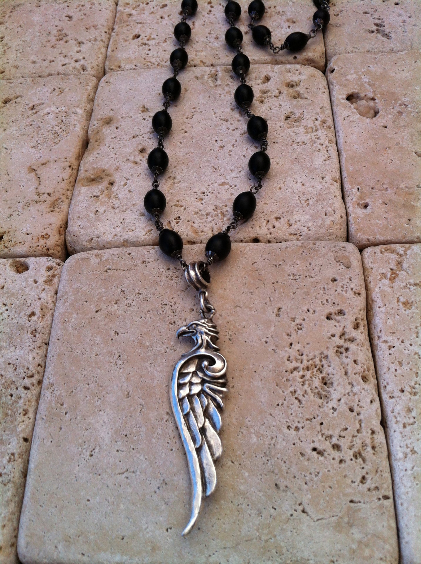 Sterling Silver Eagle Head Wing Necklace with Oval Onyx Beads