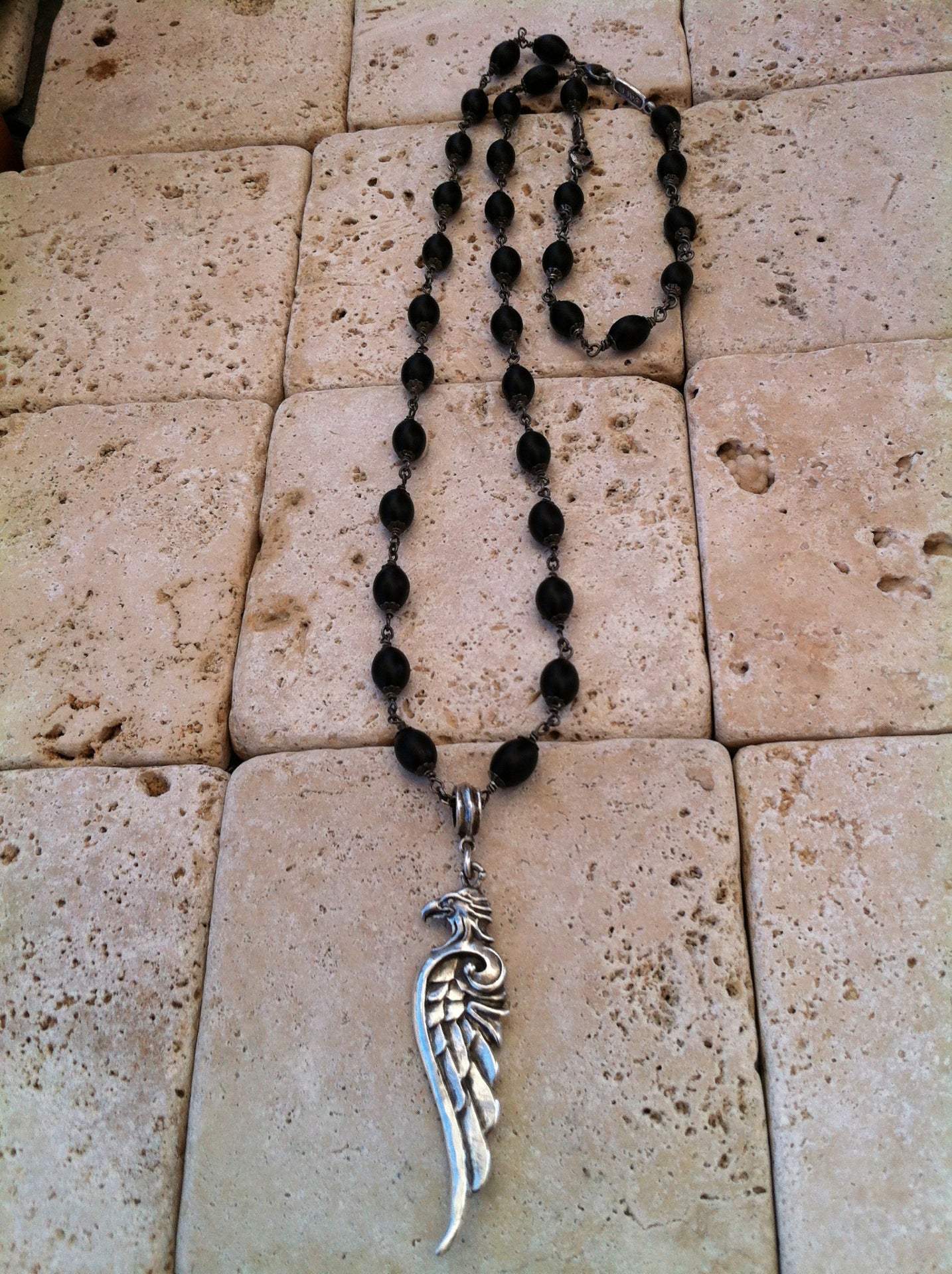 Sterling Silver Eagle Head Wing Necklace with Oval Onyx Beads