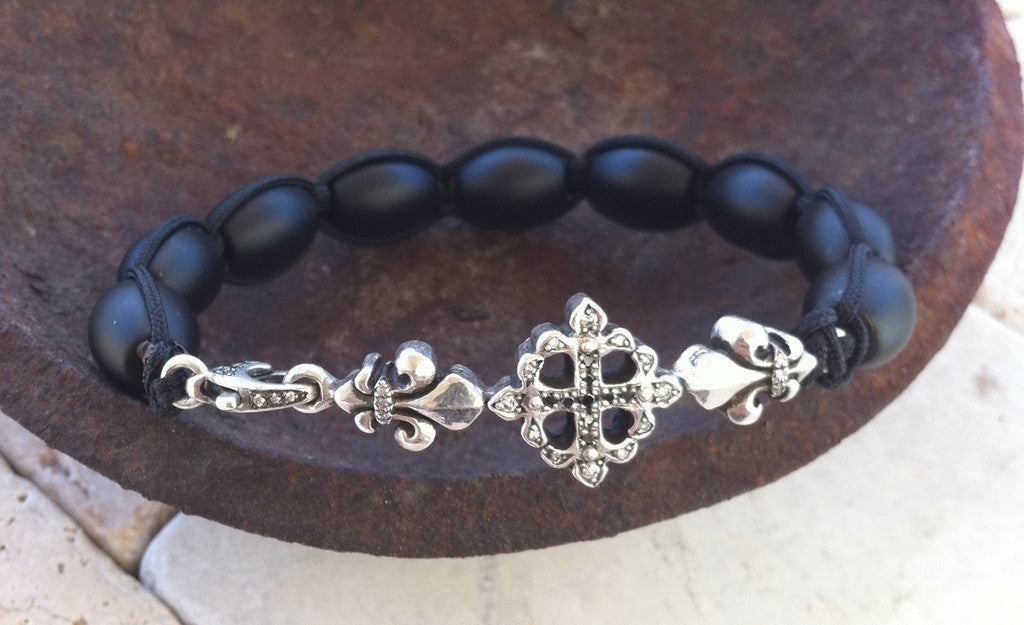 Sterling Silver Cross Fleur De Lis Bar Bracelet with Diamond Pave & Onyx Beads