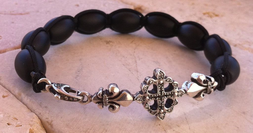 Sterling Silver Cross Fleur De Lis Bar Bracelet with Diamond Pave & Onyx Beads