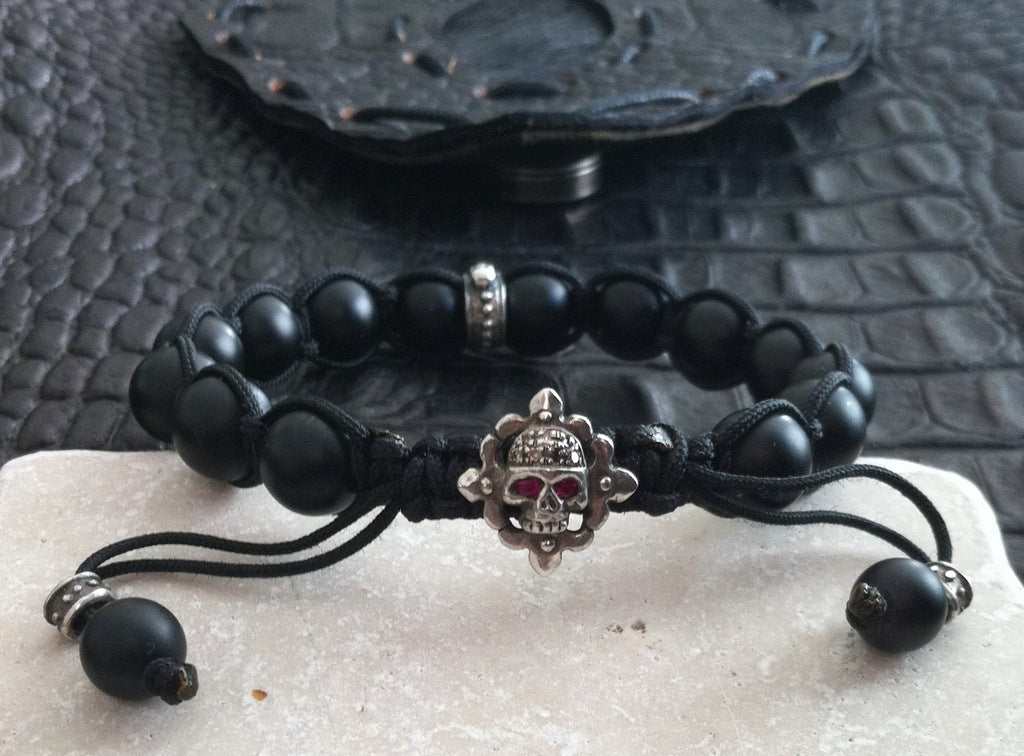 Sterling Silver Skull Diamond and Ruby Pave Bracelet with Onyx Beads