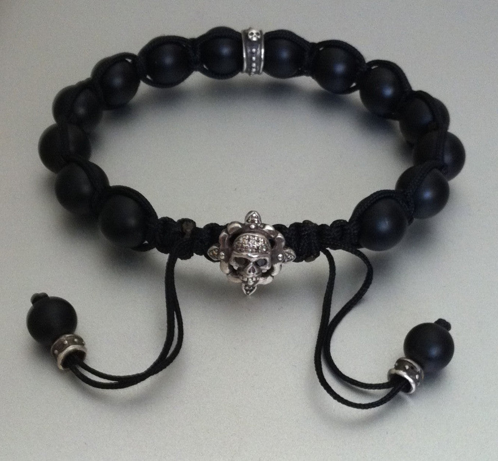 Sterling Silver Skull Diamond Pave Bracelet with Black Onyx Beads