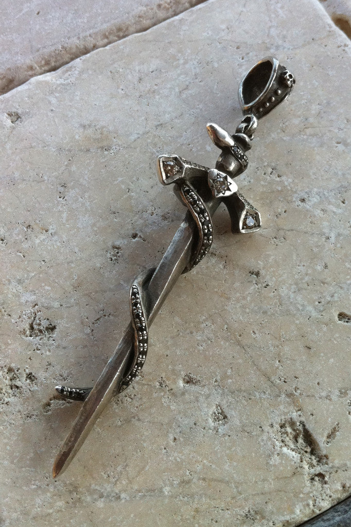 Sterling Silver Diamond Pave Sword with Serpent & Skull Pendant