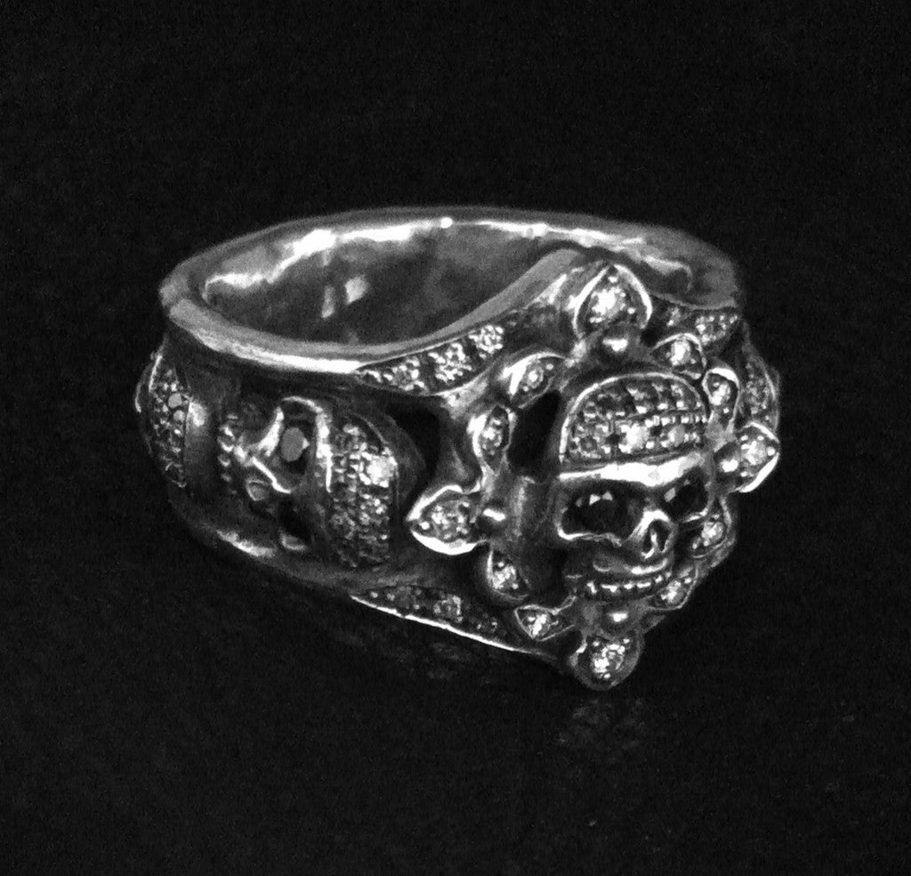 Sterling Silver Five Skull Diamond Pave with Internal Ruby Ring