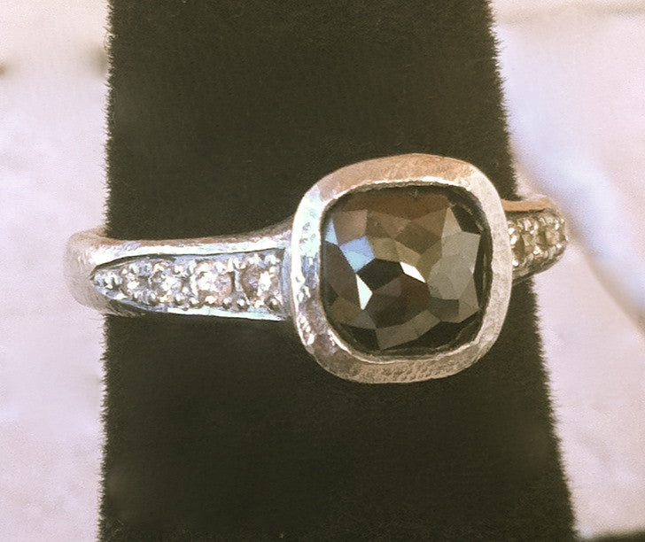 Sterling Silver Black Diamond Ring with Champange Diamond Pave