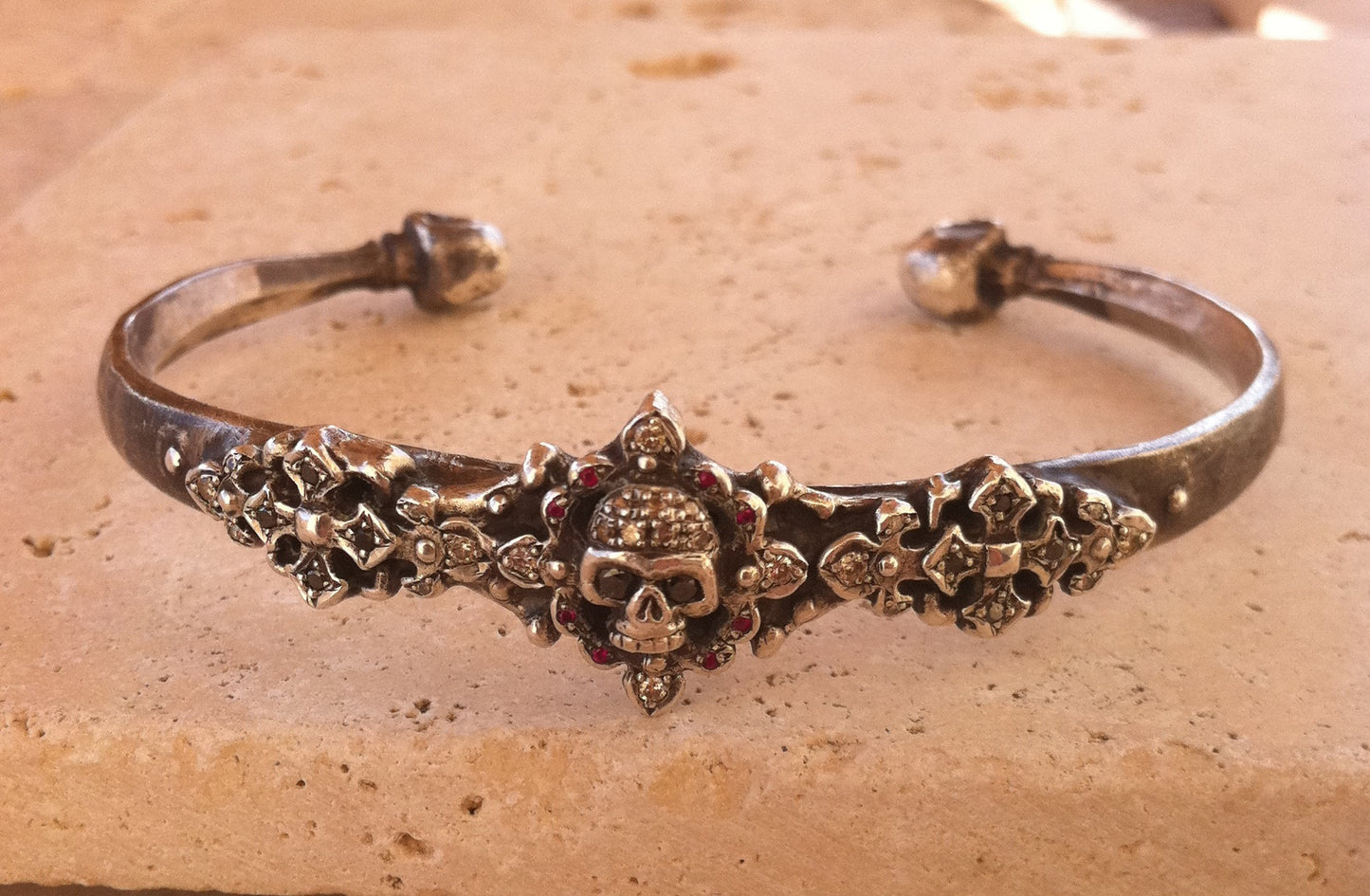 Sterling Skull Cuff with Diamonds & Rubies