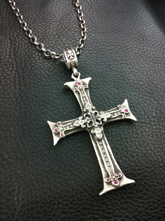 Sterling Silver Renaissance Fleur De Lis Cross with Diamond & Ruby Pave Necklace