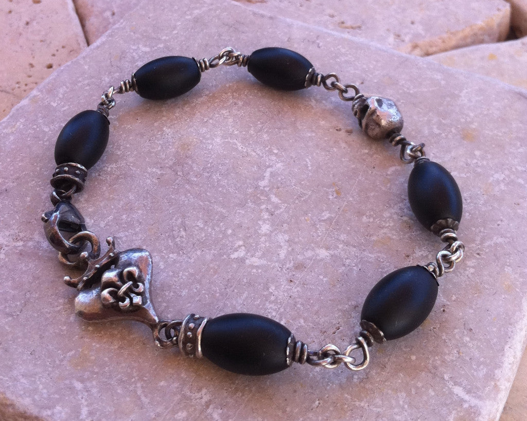 Sterling Silver Crowned Fleur De Lis Heart & Skull Bracelet with Oval Onyx Beads