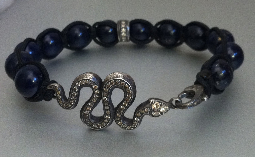 Sterling Silver Snake Champagne Diamond Pave bracelet with Rondel & Lapis Beads
