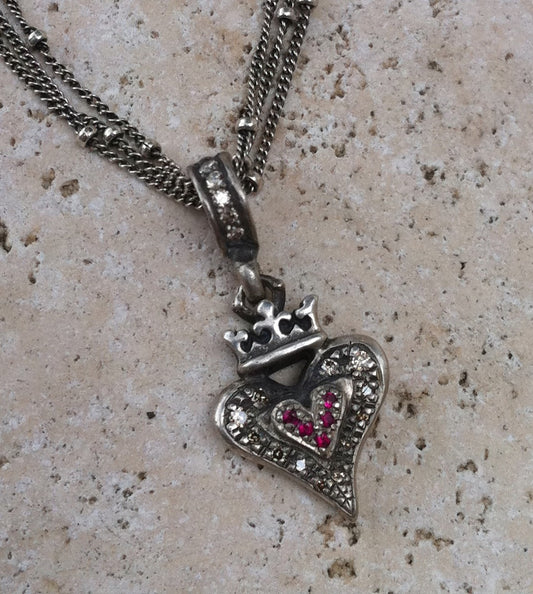 Sterling Silver Crowned Double Heart Diamond & Ruby Pave On Triple Chain