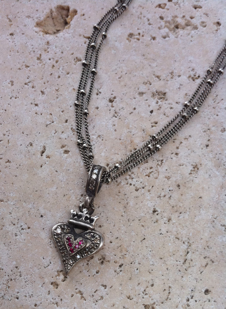Sterling Silver Crowned Double Heart Diamond & Ruby Pave On Triple Chain