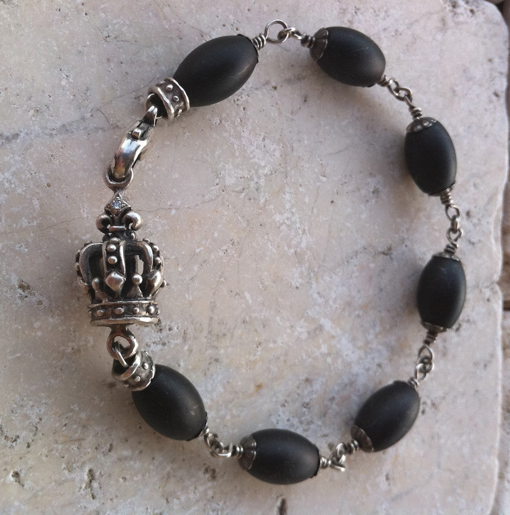 Sterling Silver Crown with Diamonds & Onyx Beads