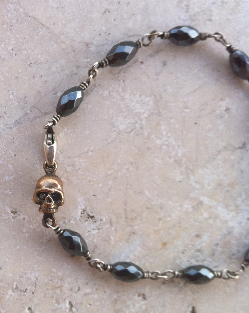 Bracelet - Bronze Skull with Diamonds & Hematite