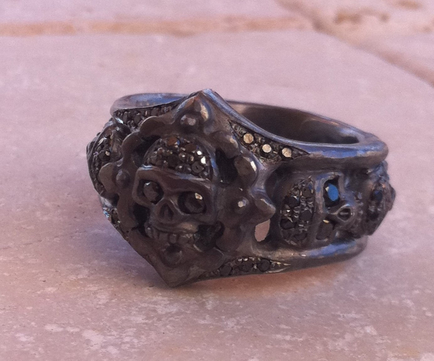 Sterling Silver Black Skull & Diamonds Ring