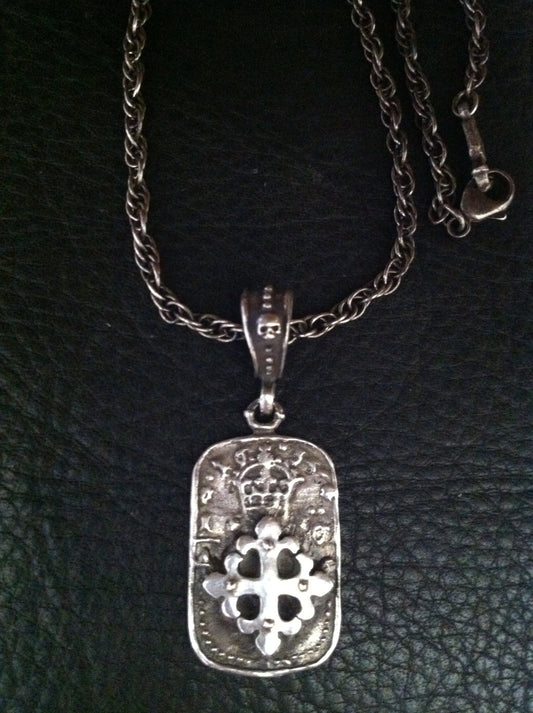 Necklace - Silver Renaissance Fleur De Lis Cross Dog Tag with Skull Bail Necklace