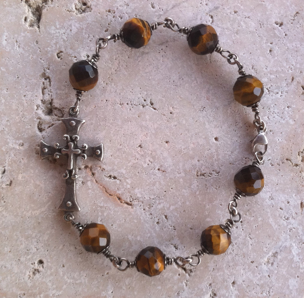 Tiger Eye Bracelet Silver Cross