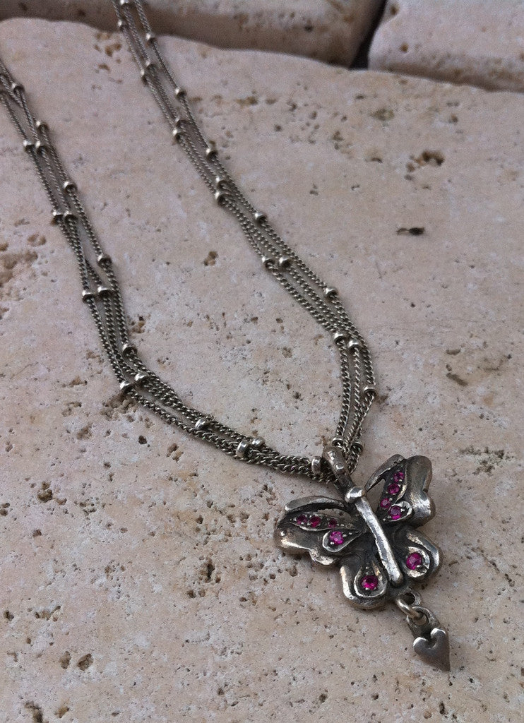 Sterling Silver Triple Chain Butterfly Necklace with Ruby Pave & Heart Drop