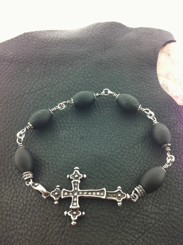 Sterling Silver Cross with Diamond Pave & Onyx Beads