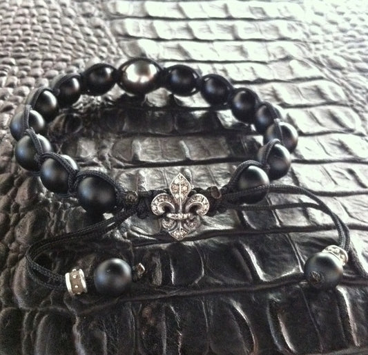 Diamond Fleur De Lis Bracelet with Black Pearl
