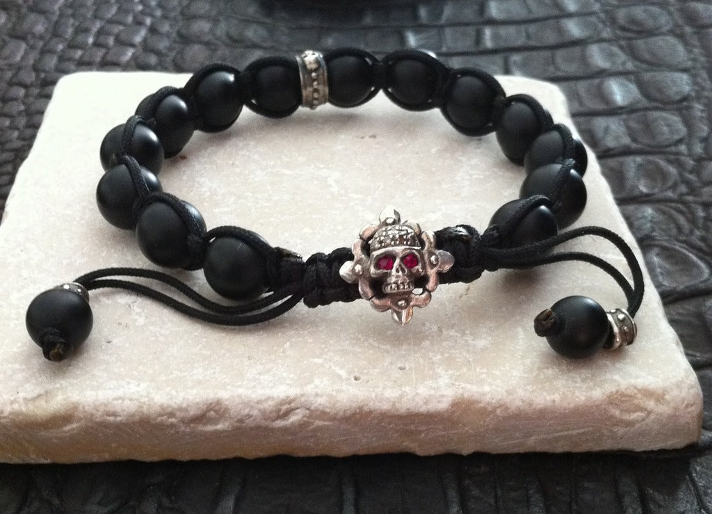 Sterling Silver Skull Diamond and Ruby Pave Bracelet with Onyx Beads
