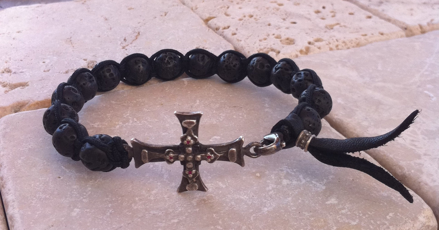Sterling Silver Ruby Cross Bracelet with Black Lava Beads