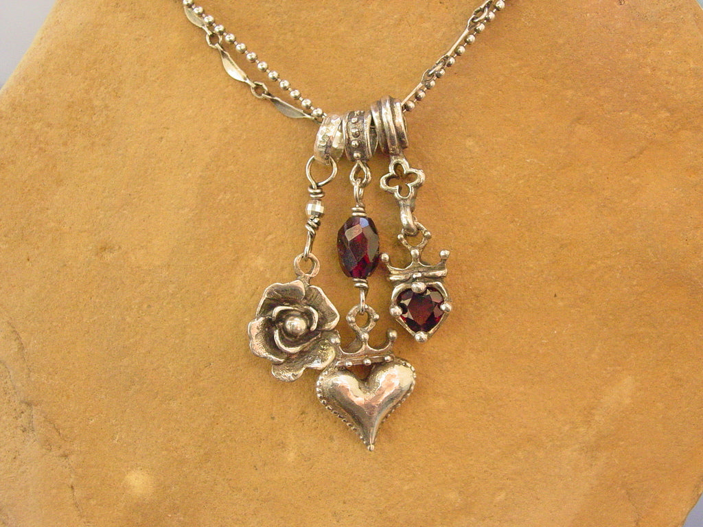 Sterling Silver Triple Charm Necklace with Garnets & Double Chain